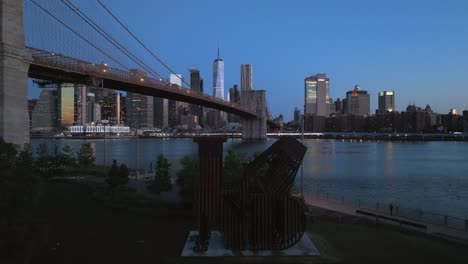 An-aerial-view-of-the-LAND-sculpture-in-the-empty-Brooklyn-Bridge-Park-in-the-morning
