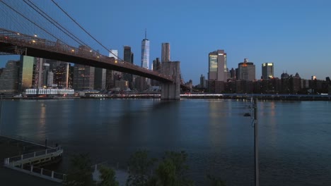 An-aerial-view-of-the-NYC-skyline-and-the-LAND-sculpture-at-Brooklyn-Bridge-Park-in-NY-in-the-morning-while-the-park-was-empty