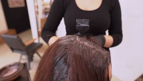 A-hairdresser-is-colouring-a-client's-hair-on-the-top-of-the-head-with-a-brush-in-her-hair-salon