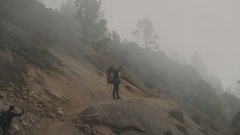 People-On-The-Mountain-Trails-Of-Acatenango-Volcano-Hike-During-Misty-Morning-In-Guatemala