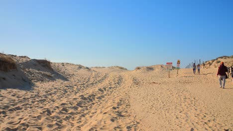 Low-angle-shot-of-many-tourists-enjoying-a-visit-to-the-landmark-dune-de-Pilat-along-south-west-coast,-Les-Landes-,-France-on-a-sunny-day