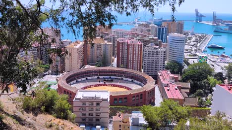 4K-Top-Down-view-of-the-Malaga-Bull-Ring-in-Andalusia,-Spain