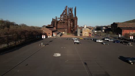 A-low-angle,-drone-view-of-the-Bethlehem-Steel-stacks-in-PA-on-a-sunny-day