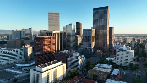 Aerial-shot-of-inner-city-Denver,-Colorado-during-sunrise-morning-light