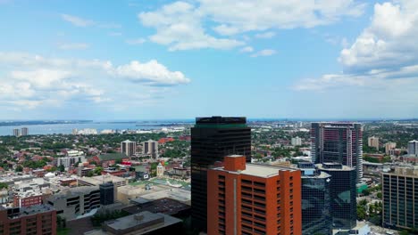 Downtown-Hamilton-Panoramic-view-of-the-city-skyline-with-lake-Ontario-in-the-background-across-the-way-of-Toronto-on-a-Sunny-Summer-day-closeup-of-the-Sheraton-Hotel