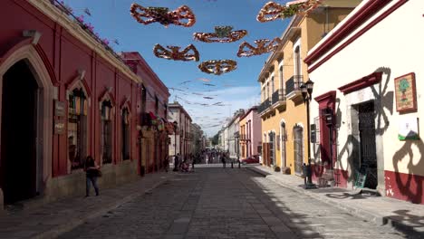 Calles-De-La-Capital-Del-Estado-Con-Decoraciones-De-Colibríes-Colgando-Arriba-Mientras-La-Gente-Camina,-Muñeca-En-Tiro