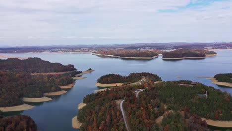 Flying-Over-Douglas-Lake,-Sevierville,-TN-in-the-Fall
