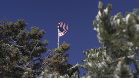 Amerikanische-Flagge-Weht-Stolz-In-Zeitlupe-über-Den-Schneebedeckten-Kiefern-Am-Tiefblauen-Himmel---Amerika,-Vereinigte-Staaten,-Patriotismus,-Freiheit,-Stolz,-Demokratie,-Soldaten,-Militär,-Opfer,-Ehre