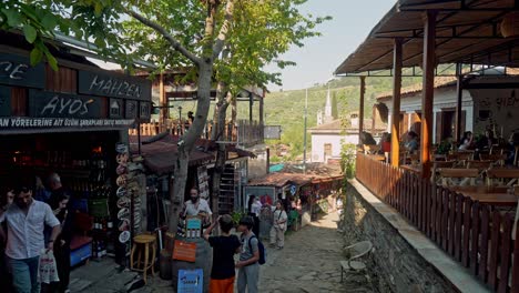 Cobbled-street-scene-in-Turkish-village-selling-local-crafts-and-souvenirs