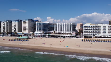 Hotel-Cadiz-Bahia-at-the-Beachfront-in-Spain,-Dolly-In-Aerial