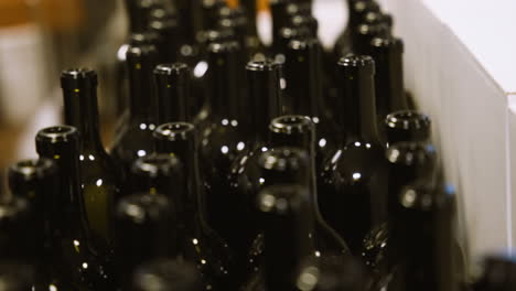 Dark-wine-bottles-in-a-low-angle-close-up-on-a-production-line