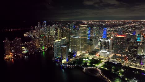 Explore-El-Vibrante-Paisaje-Nocturno-De-Miami,-Con-Impresionantes-Edificios-Y-Tráfico-Dinámico-A-Lo-Largo-De-Una-Avenida-Emblemática.