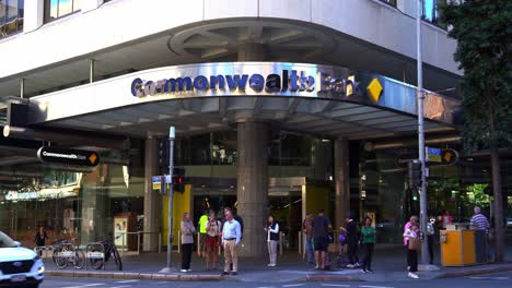 Street-view,-static-shot-capturing-the-building-exterior-of-Australian-Big-4-financial-institution,-Commonwealth-bank-Queen-street-branch-corner-of-Edward-and-Queen-street-at-downtown-Brisbane-city