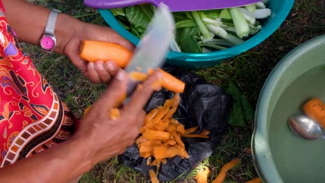 Close-up-of-woman-peeling-freshly-harvested-carrots-and-other-vegetables-with-a-sharp-knife-in-outdoor-environment