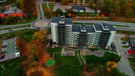 Aerial-view-of-an-apartment-building-in-a-suburban-area-near-Stockholm-during-autumn
