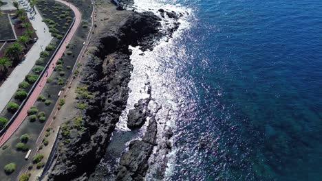 Aerial-coastline-Costa-Adeje-Tenerife-volcanic-island-in-Canary-Islands,-Spain