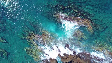 Coastline-volcanic-island-natural-pool-Tenerife,-Costa-Adeje-Spain,-Aerial-drone