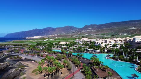 Tenerife,-Costa-Adeje-Luxury-hotel-Barcelo-Santiago-in-Canary-Islands,-Spain-drop-down-view