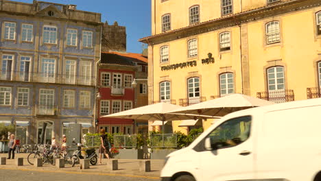 Typical-Street-Scene-In-The-Old-Town-Of-Braga,-Portugal-During-Sunny-Day