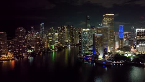 Miami's-nighttime-allure-unfolds-in-this-aerial-view,-capturing-the-beauty-of-landmark-buildings-and-the-vibrant-city