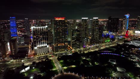 Miami-sparkles-at-night,-presenting-a-dynamic-aerial-view-with-iconic-buildings-and-bustling-avenue-traffic