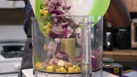 Pouring-chopped-red-onions,-ginger,-cilantro,-and-peppers-into-a-food-processor---Chana-Masala-series