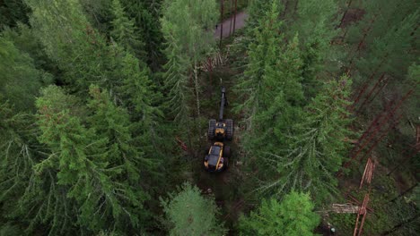 Aerial-dolly-forward-shot-of-Scandinavian-finnish-forest-and-forestry-machine-Ponsse-Scorpion-harvester-filmed-with-DJI-Air-2s