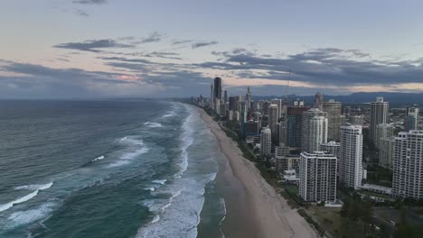 Gold-Coast,-Surfers-Paradise,-Queensland,-Australia,-drone,-beautiful-colours-as-the-sun-sets