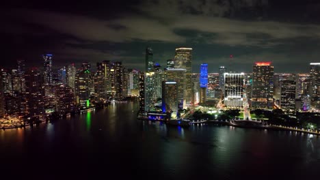 Explore-La-Belleza-Nocturna-De-Miami,-Con-Edificios-Emblemáticos-Y-El-Flujo-Rítmico-Del-Tráfico.