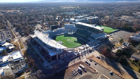 Aerial-Drone-orbit-of-Canvas-stadium-at-Colorado-State-university-in-Fort-Collins-Colorado-,-USA