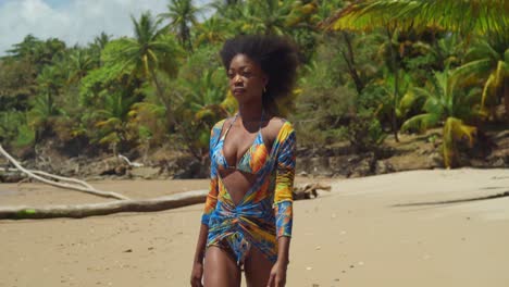 Walking-on-a-tropical-Caribbean-beach,-a-black-girl,-donned-in-a-bikini,-lets-the-wind-weave-through-her-natural-hair,-creating-a-picturesque-moment-of-bliss
