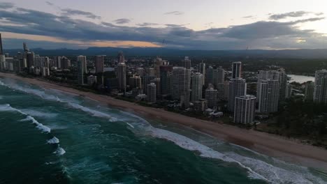 Gold-Coast,-Surfers-Paradise,-Queensland,-Australia,-drone,-amazing-footage-of-a-dazzling-sunset