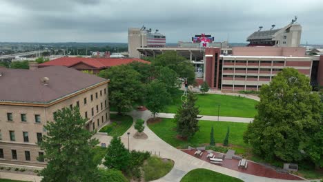 University-of-Nebraska-with-view-of-Memorial-Stadium-with-N-logo-on-summer-day-in-Lincoln,-NE