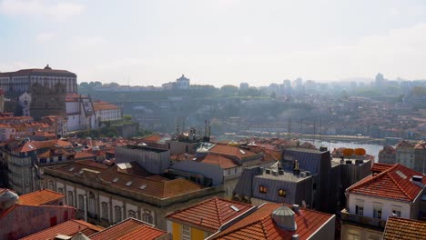 Portugal,-Porto-in-daytime-with-Episcopal-Palace,-Douro-River-and-historical-city-center-in-the-background