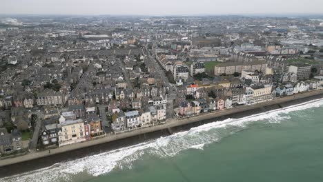 Aerial-Drone-View-of-Saint-Malo,-France,-Old-City-Coastline-on-a-Cloudy-Day-High-Above-Ocean