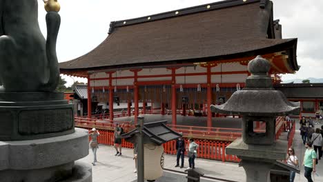 Fushimi-Inari-Taisha-Honden-With-Stone-Lantern-In-Foreground-And-Tourists-Walking-Past