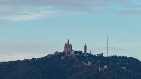 Distant-View-Of-Tibidabo-Amusement-Park-And-Sagrat-Cor-Church-In-Barcelona