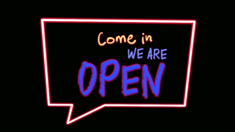 Come-in-we-are-Open-neon-light-text-animation-motion-graphics-moving-text-with-black-background