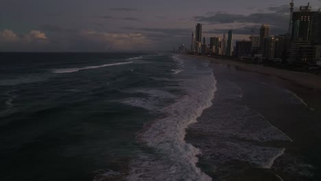Surfers-Paradise,-Gold-Coast,-Queensland,-Australia,-drone,-glorious-sunset-at-this-iconic-location