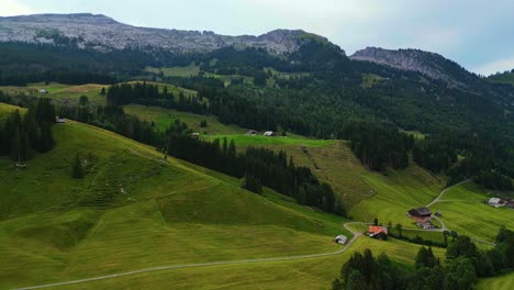 Vista-Aérea-De-Un-Pintoresco-Pueblo-En-Los-Alpes-Suizos,-Verdes-Colinas,-Pinos,-Rodeado-De-Montañas-Al-Fondo