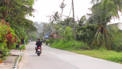 Footage-of-a-road-on-Koh-Phangan-with-tuk-tuks,-motorbikes-and-palm-trees
