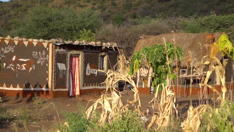 Village-Hut-Shelters-in-African-Savannah,-Slow-Motion