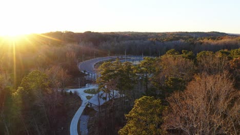 Beautiful-revealing-drone-shot-of-Westside-Park-parking-at-sunrise,-Atlanta,-Georgia,-USA
