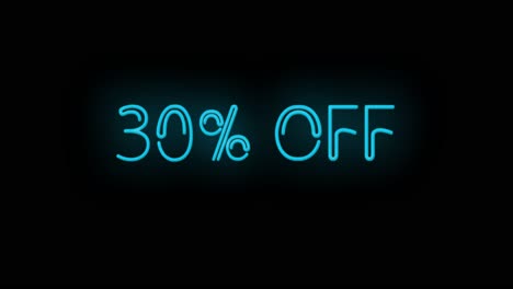 Flashing-neon-30%-OFF-teal-color-sign-on-black-background-on-and-off-with-flicker