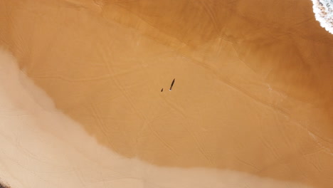 Drohnen-Spin-Pan-Aufnahme-Der-Meeresküstenlandschaft-Mit-Wellen,-Die-Am-Sandstrand-Krachen,-Reisetourismus-Praia-Portugal-Europa-4k