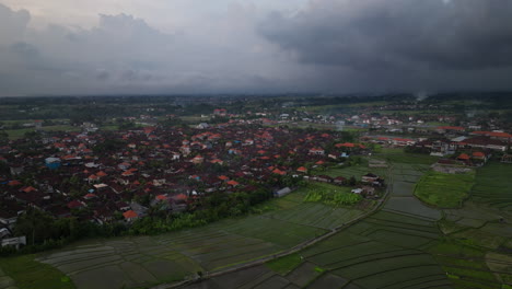 Sunset-in-Bali,-rice-terraced-fields-and-buildings,-urban-and-rural-scene