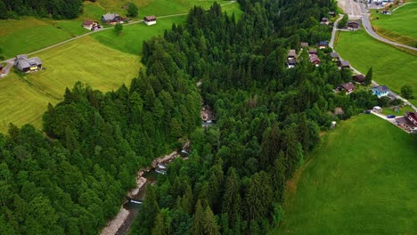 Scenic-aerial-view-of-Sorenberg-village-in-the-Swiss-Alps,-Beautiful-European-village,-Switzerland,-Europe