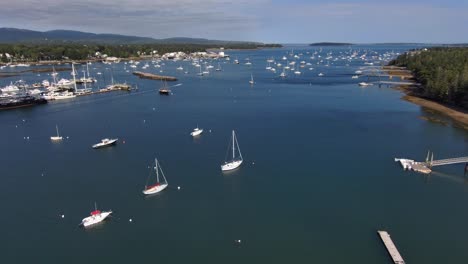 Drone-moving-straight-forward-into-the-Southwest-Harbor,-Maine