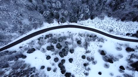 Aerial-top-down-view-of-snow-capped-mountain-road-in-Hautes-Vosges,-France