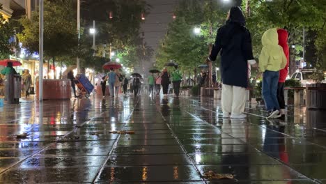 Heavy-rain-in-the-city-at-night-the-walk-way-pavement-promenade-in-Rasht-Gilan-Iran-in-the-northern-middle-east-asia-local-people-market-and-street-light-reflection-at-night-cityscape-landscape